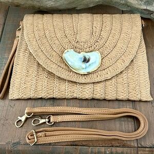 Oyster Shell Clutch, Crossbody, Detachable Strap, Tan, New